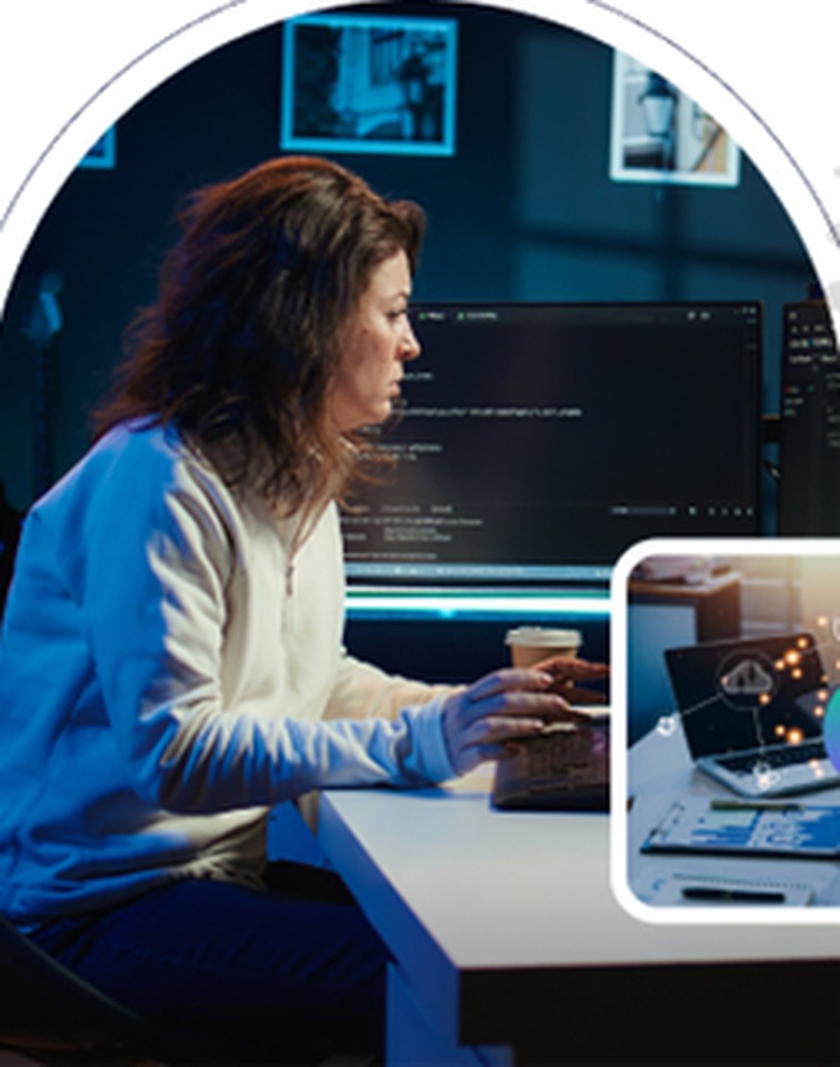 Developer working at a multi-monitor workstation