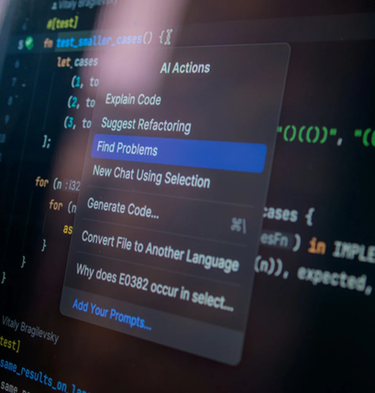 AI actions menu in a code editor