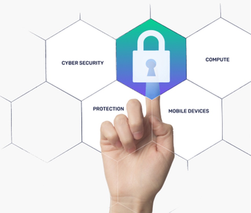 Hand touching a glowing padlock on a hexagon grid